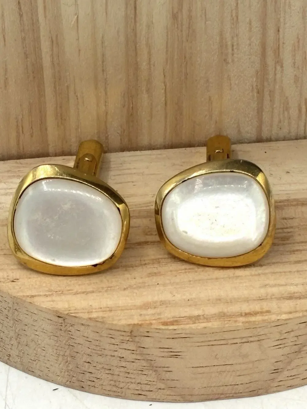 Vintage Mother of Pearl Cufflinks Cushion Square Gold Tone Mid Century MOP